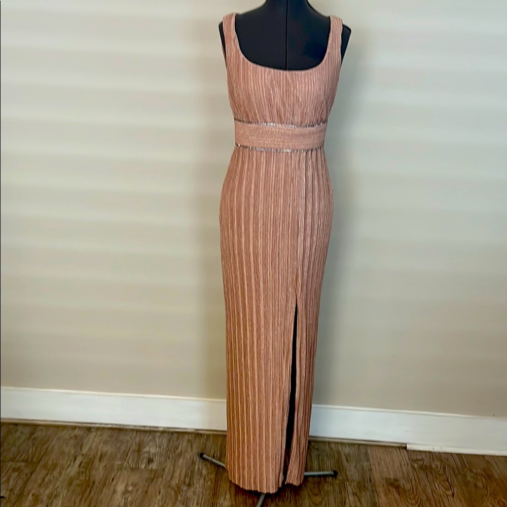 Adrianna Papell Pink Pleated Sheath Maxi Dress Square Neck